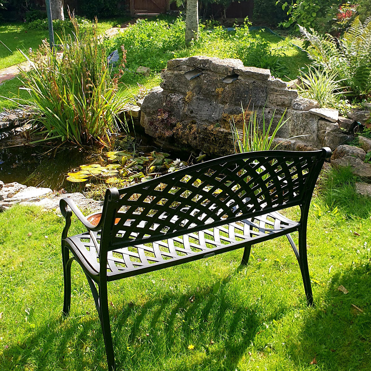 Jasmine Lattice Metal Garden Bench, Antique Bronze Lazy Susan