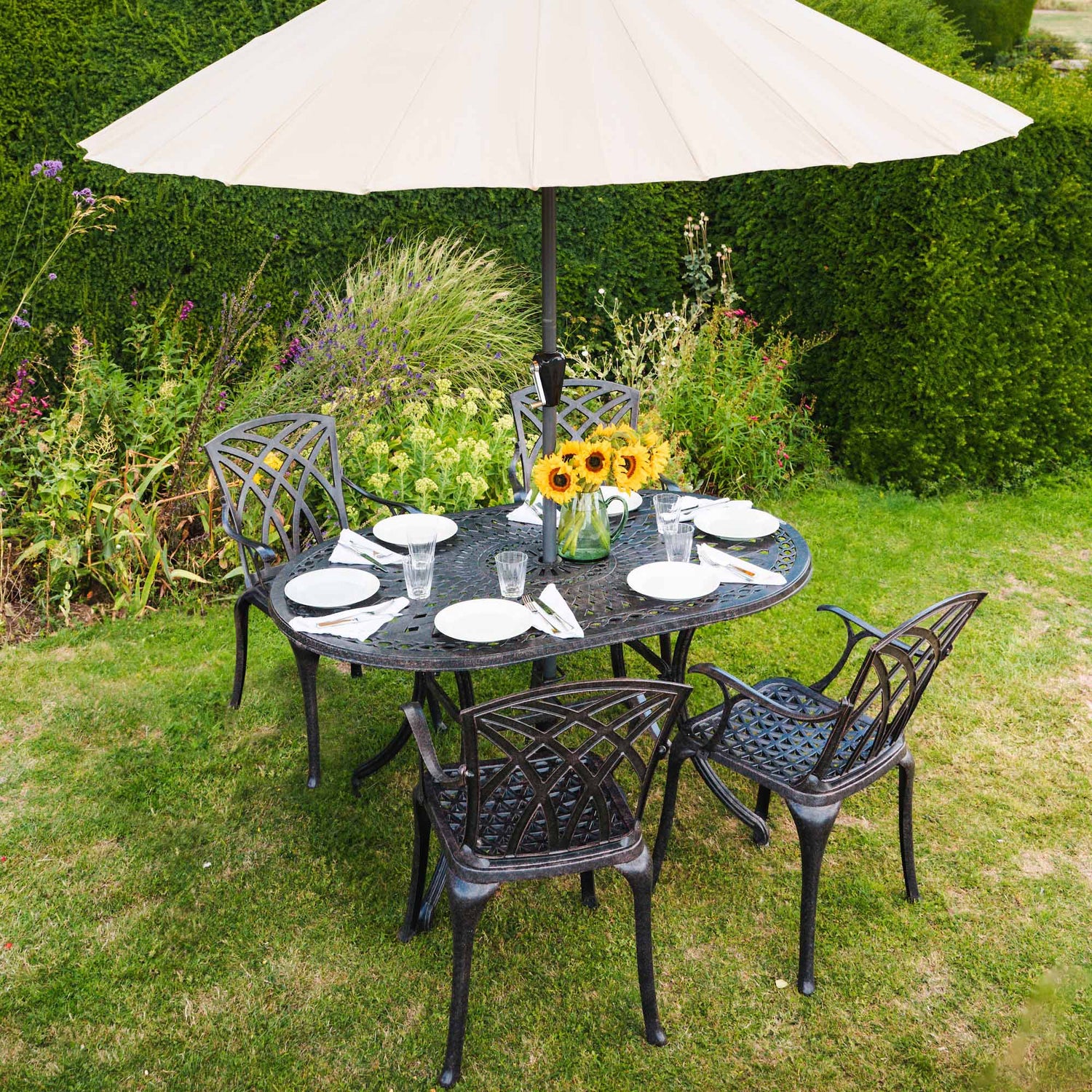 June Oval Seater Patio Set, Antique Bronze Lazy Susan
