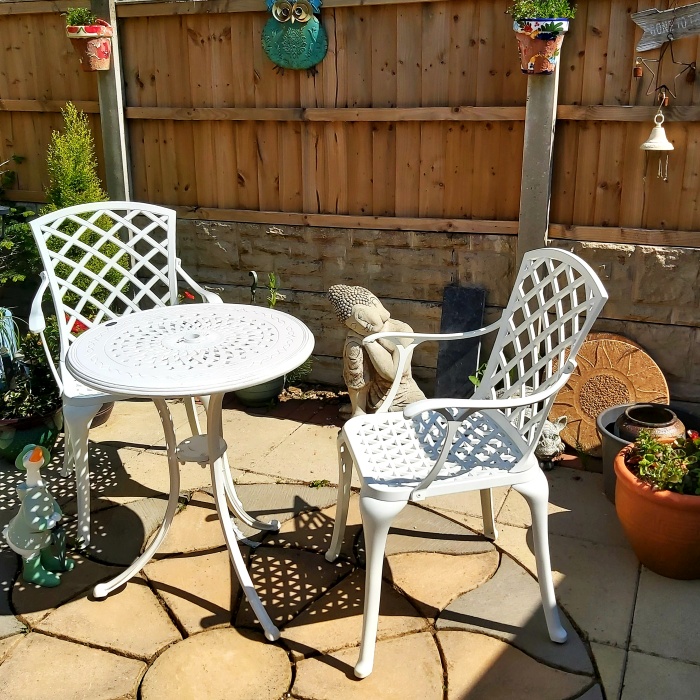 Ella 60 cm Bistro Table with 2 Chairs Lazy Susan Furniture April Chairs, Green Cushions White Cast Aluminium Garden Set