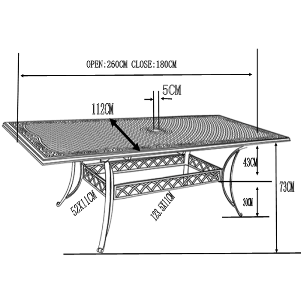 Large aluminium weatherproof extension garden dining table dimensions