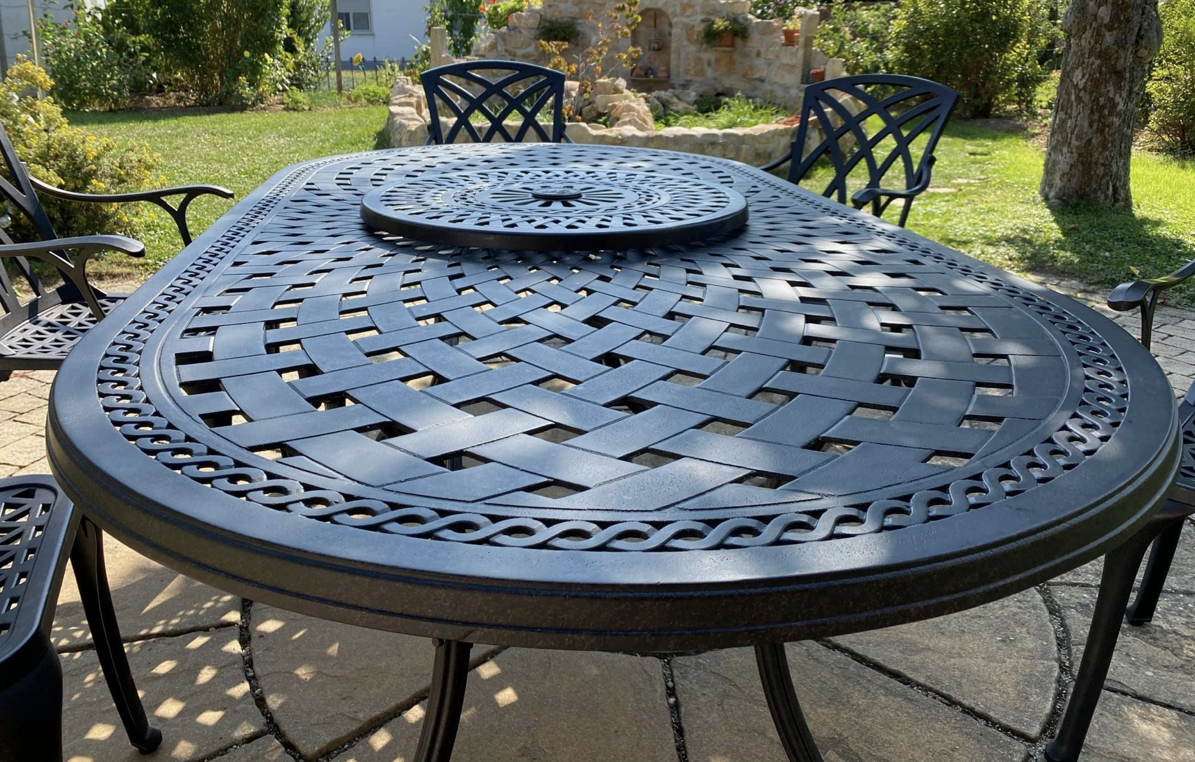 Our 60cm Lattice Lazy Susan on our Oval June Garden Table