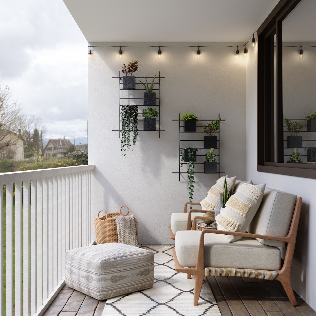 Balcony with Outdoor Shelving & Outdoor Soft Furnishings
