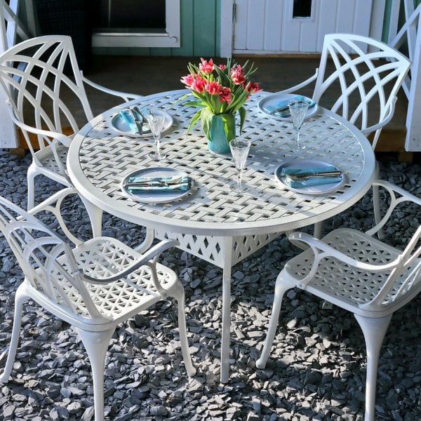 Sarah 4 Seater White Garden Table Set, Dominico Outdoor Cast Stone Side Table