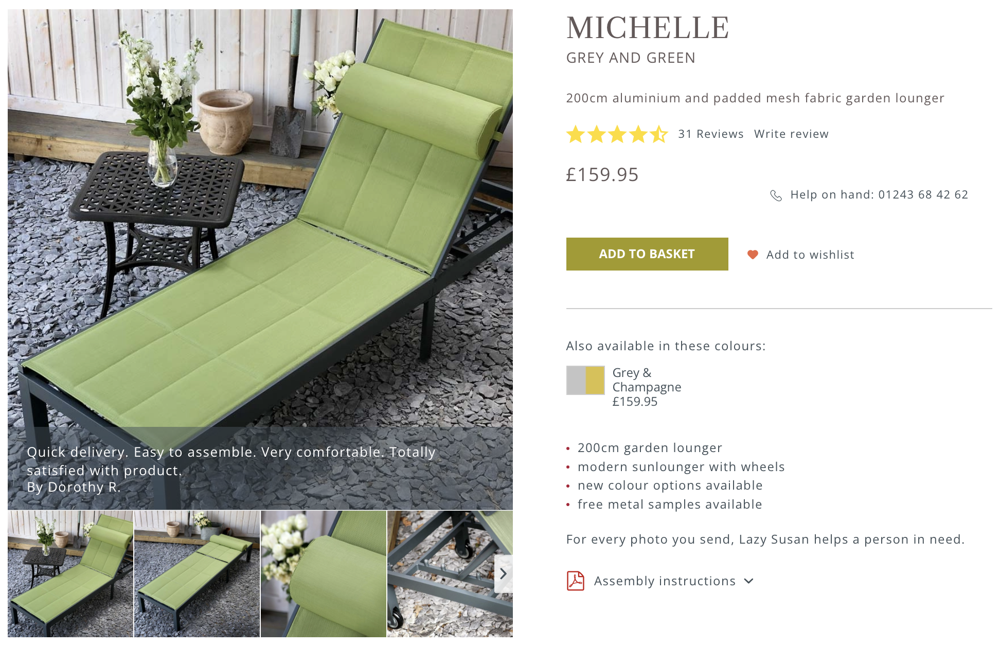 Michelle Garden Sun Lounger in Grey & Green