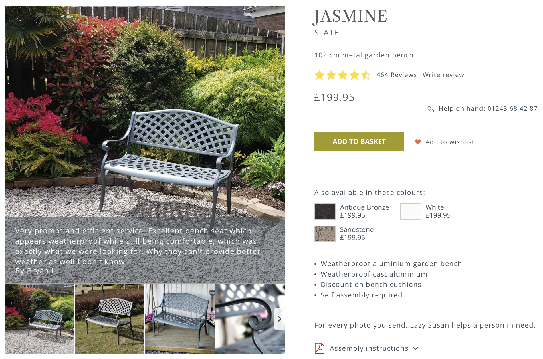 Jasmine Bench Metal Garden Bench in Slate