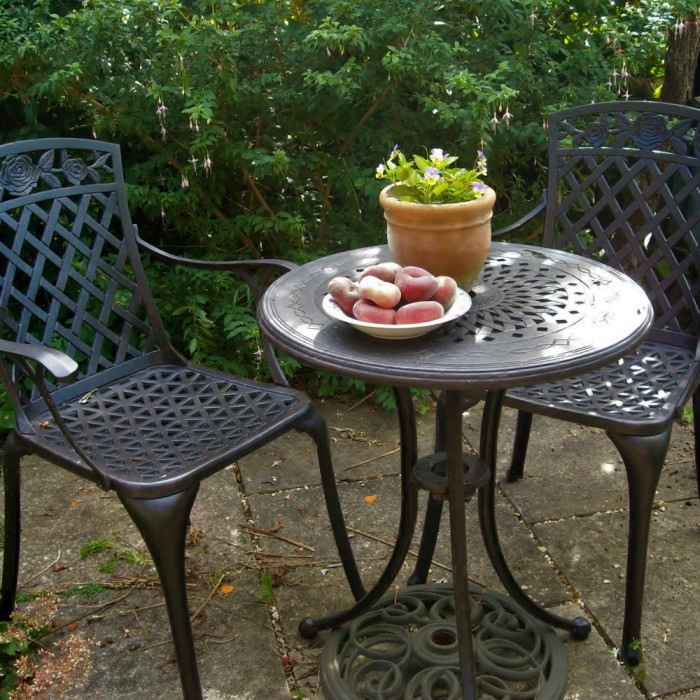 Ella 60 cm Bistro Table with 2 Chairs Lazy Susan Furniture April Chairs, Green Cushions White Cast Aluminium Garden Set