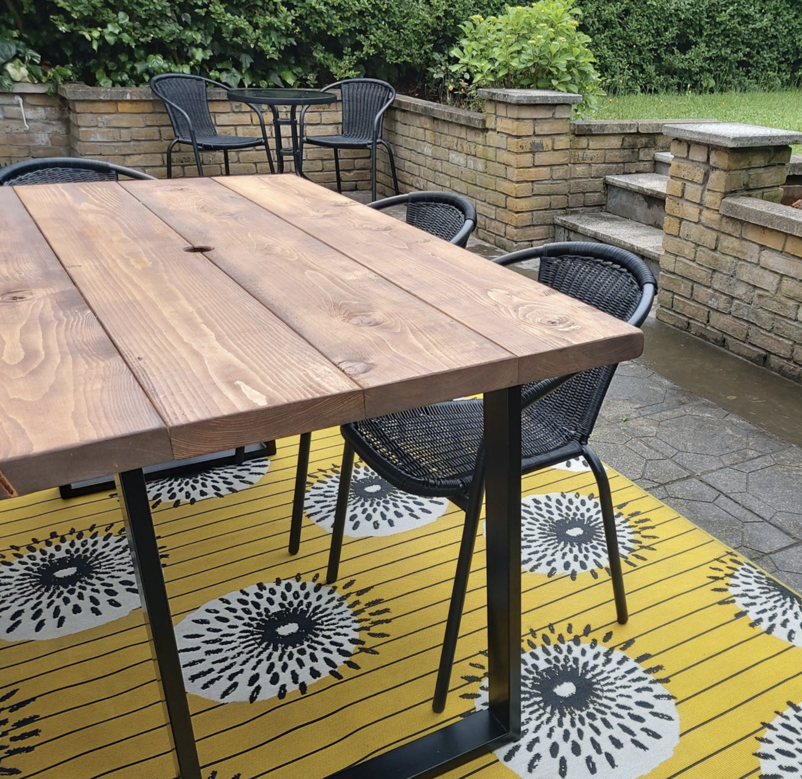 Outdoor Dining Table and Bench with Steel Square Frame Legs