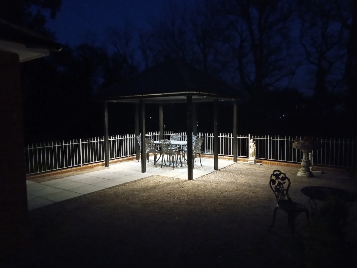 Our top outdoor furniture lighting tips | Gazebo fitted with downlighting over our June 6-seater table