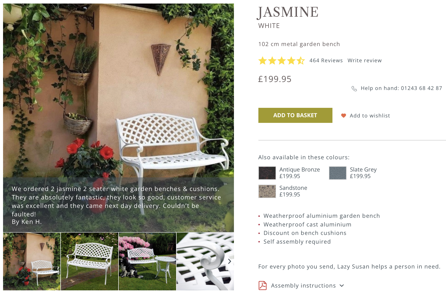 Jasmine Bench Metal Garden Bench in White