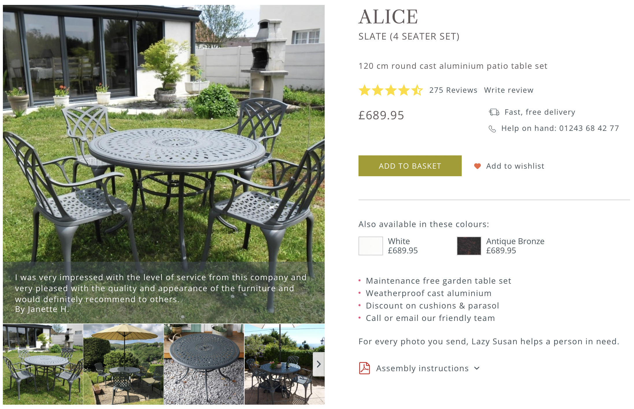 Alice 4 Seater Round Garden Table in Slate