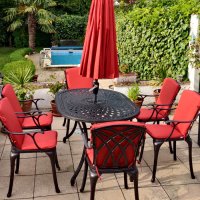 Preview: Customer photo of the June 6 seater garden table and april chairs in antique bronze with terracotta cushions and parasol