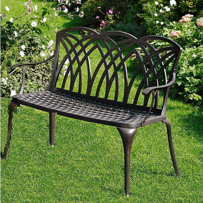 Lazy Susan April Metal Garden Bench Cast aluminium 2-seater in Slate with Olive Green Cushion Easy Assembly For All Weather Conditions Garden Weatherproof aluminium Garden Bench Rust Proof