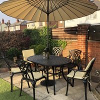 Preview: Customer photo of the June 6 seater garden table and chairs in antique bronze with stone cushions and parasol