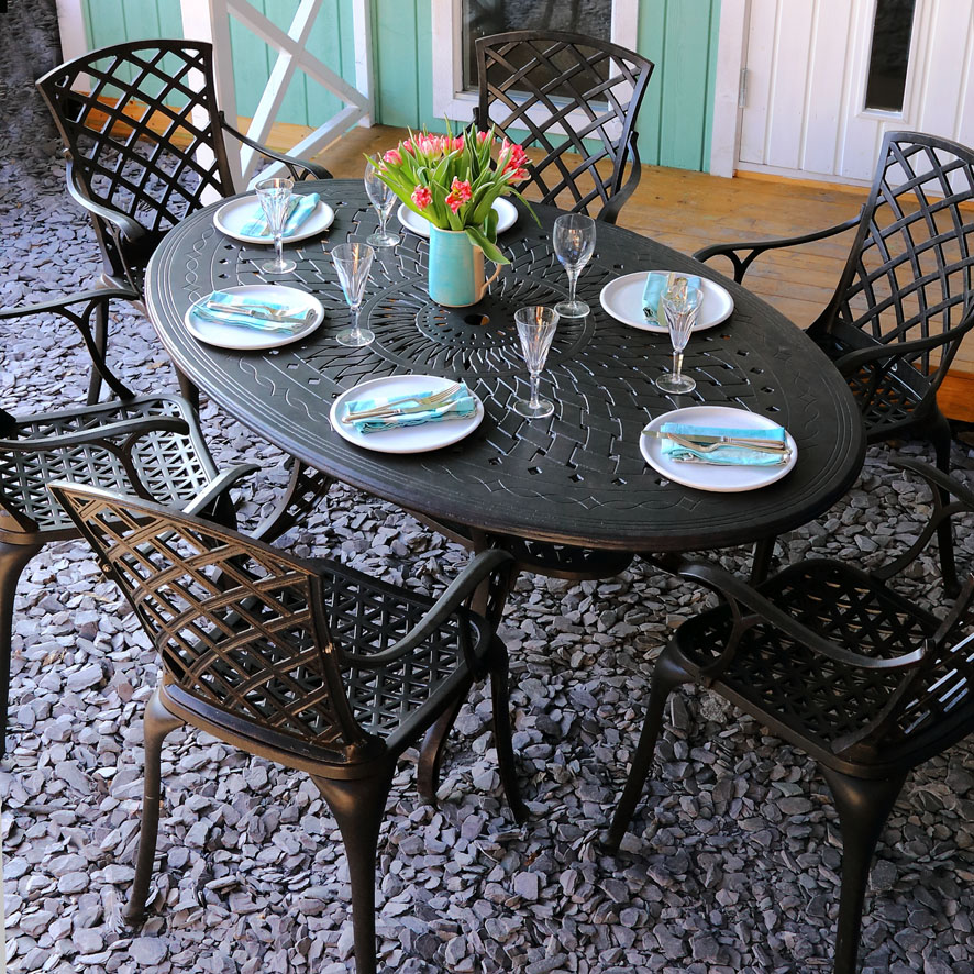 Charlotte Bronze 6 Seater Garden, Oval Outdoor Dining Table Set For 6