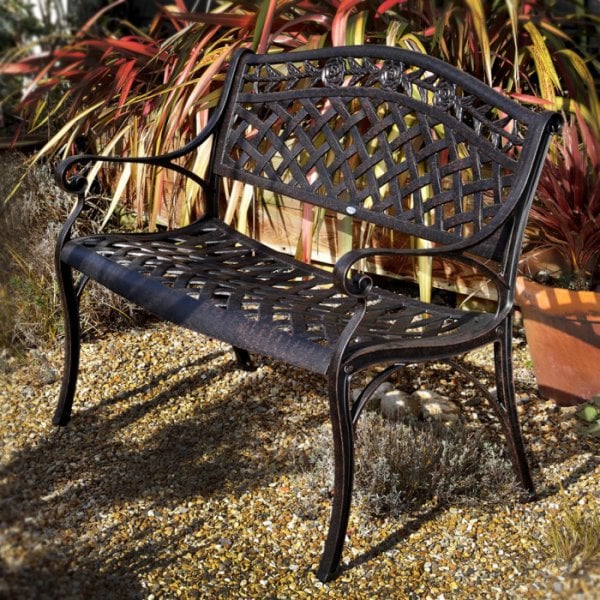 Rose Metal Garden Bench Seat Set In Antique Bronze Lazy Susan - 2 Seater Metal Garden Bench Uk